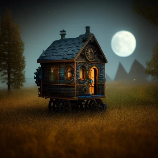 51371-3849019620-intricate, elegant, highly detailed landscape shot, twilight, little mechanical solitary  house on wooden wheels, steampunk cloc.webp